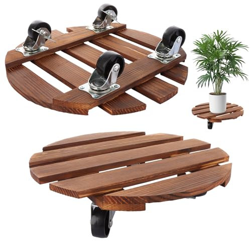DAJAVE Paquete de 2 soportes para macetas de 30 cm con ruedas, soporte de madera para plantas, carrito de plantas resistente para macetas de interior y exterior, con ruedas bloqueables