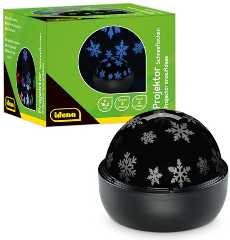 Idena 50146 - Proiettore LED di fiocchi di neve, si illumina nei colori rosso, verde e blu, proiettore LED di cielo stellato con 2 modalità, per uso interno, a batteria, circa 16,2 x 13 cm