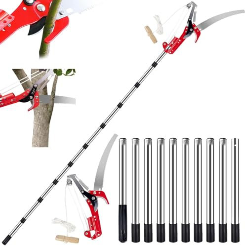 Caossuixin Élagueur télescopique 2 en 1 longue portée, 0,8 m à 4 m de long avec poignée extensible, coupe-branches, scie à perche pour cour, jardin, terrasse, arbres et branches