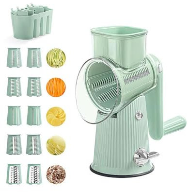 Generic 5-in-1 Rotary Grater, Multi-Function Rotary Cheese Grater with Handle, Hand Crank Food Chopper, Interchangeable Blades for Cheese, Vegetables, Fruit (Green)