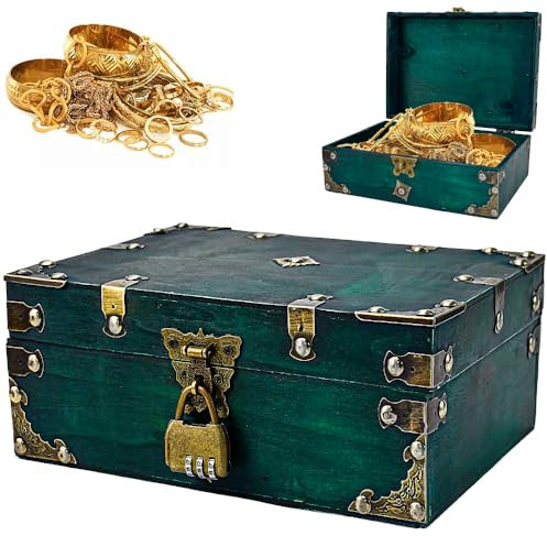 LPAMABA Coffre au trésor vintage en bois - 24 x 17 x 9,5 cm - Vert - Avec serrure à combinaison - Grand coffre au trésor - Pour anniversaire d'enfant - Pour ranger et décorer des cadeaux