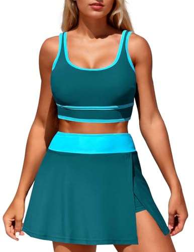 High Waisted Bikini Set, 2 Piece Sports Woman Tummy Control Bikini Skirts Sets, Women's Swimming Costumes Push Up Swimsuits Sets for Summer Beach Swim Sports Water Blue