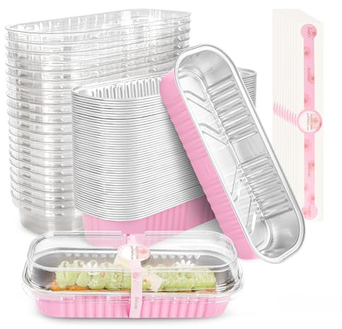 BTSD-home 50 Pack Mini Loaf Cake Cases with Lids and Spoons,Rectangular Aluminum Foil Bread Pan,Mini Loaf Pans and Mini CakeTins with Lids 200ML(Pink,6.8oz)