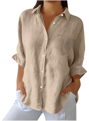 Camicia Donna Estiva Elegante Blusa Cotone Lino Manica Lunga Camicette Donna con Bottoni e Tasca Lavoro Casual Top Camicetta da Spiaggia Tinta Unita Classico