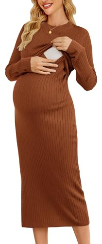 OUGES Women's Wool Blend 2025 Fall Winter Maternity Sweater Nursing Dress Long Sleeve Crew Neck Ribbed Knit Breastfeeding Baby Shower Dresses Prenancy Must Have Outfits for Christmas(Red Caramel,M)