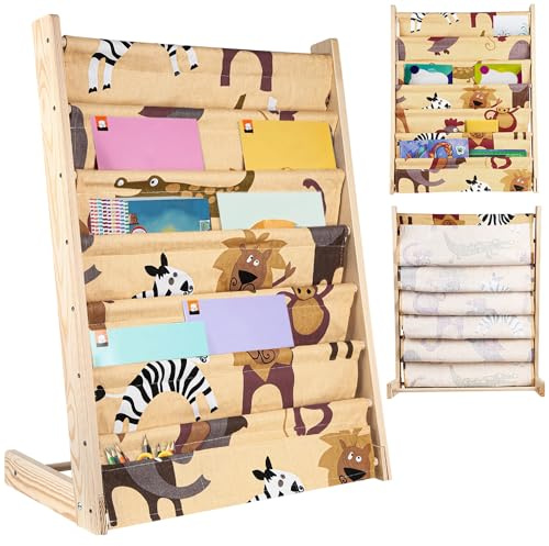 Bibliothèque pour Enfants avec Poche, 7 Niveaux, Bois Naturel, étagère de Rangement pour Livres, Hauteur Parfaite pour Lire, 80 x 60 x 30 cm (Couleur Bois d'origine)