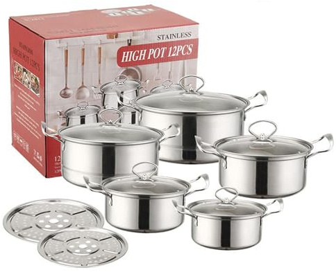 Juegos de Cacerolas con Tapas - Juego De Ollas De Acero Inoxidable | Batería De Cocina Compatible Con Inducción Para Restaurante Hogar Cocina Preparación De Sopas Y Verduras Al Vapor