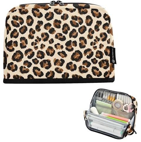 Grande trousse à crayons à fermeture éclair classique marron léopard pois beige sac de rangement pour adolescentes filles pochette à stylos spécial enfants rentrée scolaire organisateur
