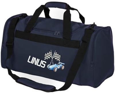 minimutz Bolsa de deporte infantil personalizada para coche de carreras, bolsa de viaje grande para niños y niñas, bolsa de deporte para niños con nombre, 26 l, azul oscuro, Bolsa de deporte