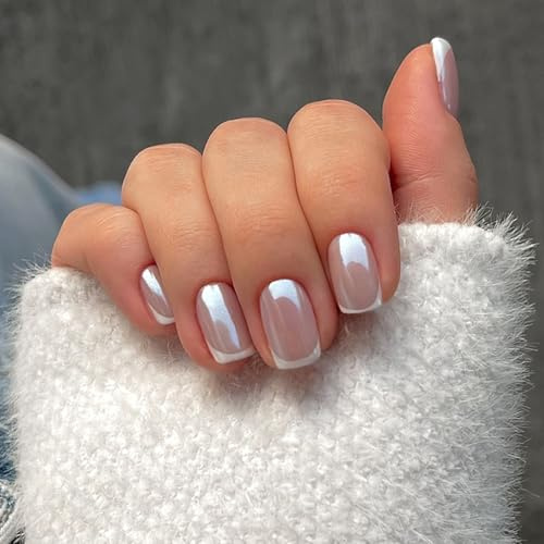 Zosutetoxo Falsenails, 24Pcs unghie finte adesive press on nails quadrate bianche french, unghie artificiali corte gel unghie adesive lucide