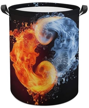 Yin Yang Fire Water Laundry Hamper with Handles, Foldable Large Capacity Laundry Baskets 44x35cm for Bathroom, Freestanding Clothes Hampers for Laundry Room, Storage Bin for Bedroom
