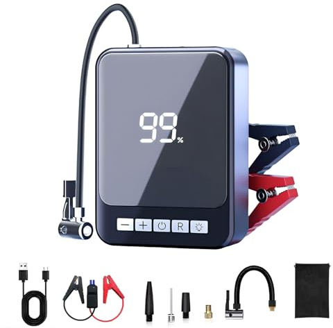 Enerfero Arrancador de Batería de Coche 1000A con Compresor de Aire 150 PSI -Jump Starter 12V e Inflador de Neumáticos Portátil 60W, Pantalla LCD, Batería Externa y Luz LED SOS para Coche,Moto y Bici