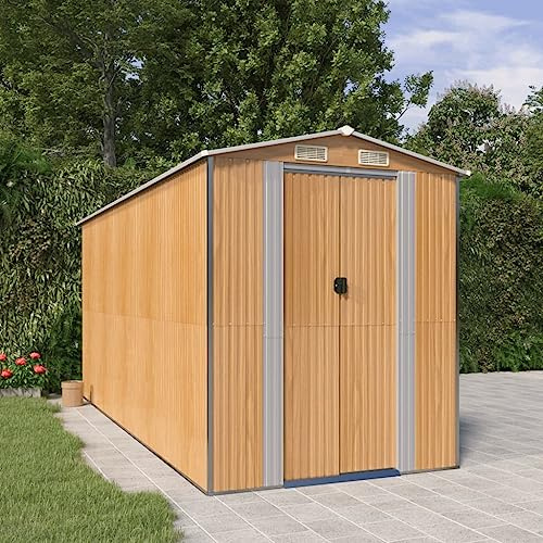 Utrustningsskjul ljusbrun av galvaniserat stål 192 x 440 x 223 cm med gott om lagringsutrymme, väderbeständig, låsbar, perfekt som trädgårdshus, verktygsskjul, cykelgarage och utomhusförvaring