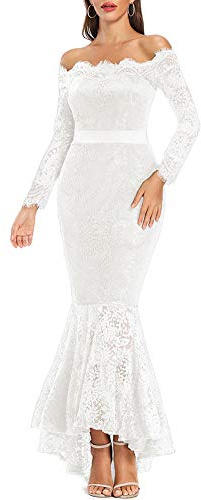 LALAGEN Women's Floral Lace Long Sleeve Off Shoulder Wedding Mermaid Dress White M