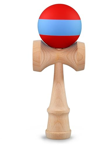 Ganzoo Kendama en Bois de hêtre véritable, modèle Mat Red & Blue, Jeu d’adresse Japonais avec Boule percée, Corde Nylon résistante, 3 coupelles de réception, Hauteur 16 cm, Largeur coupelles 6,8 cm