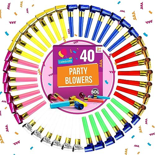 SOL 40pk Party Blowers for Party Bags Fillers for Kids, Assorted Colours Party Blowers, Durable Paper & Plastic Mouthpieces Noise Makers for Birthdays, New Year’s, Weddings, & Kids’ Celebrations