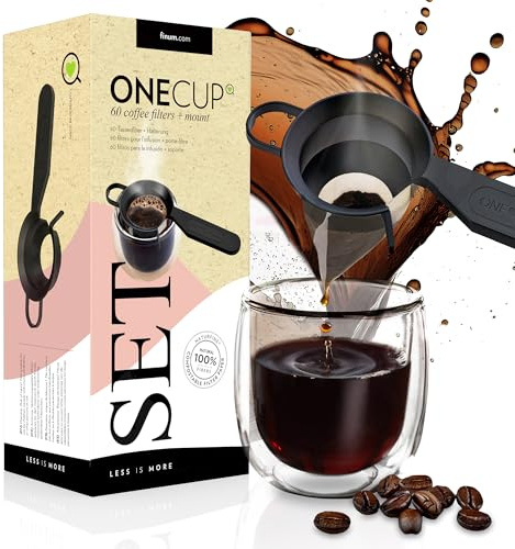 Finum SET mit 60 ONE CUP Coffee Filters + Halter - 60 Kaffeefilter für die Tasse + Halterung, Papierfilter, Filter für Kaffeepulver, 60 Tassenfilter, Kaffeebereiter für Becher – 1 Stk./60 Filter