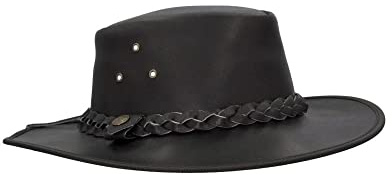 WALKER AND HAWKES - Premium Brown Full Grain Cowhide Leather Outback Braided Traveller Hat for Men and Women - Black - Small (57cm)
