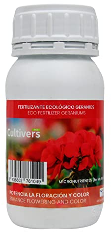 CULTIVERS Bio-Flüssigdünger für Geranien 250 ml. Grünere Blätter, mehr Blüte und intensiviert die Farbe. Mit Makronährstoffen und Mikronährstoffen