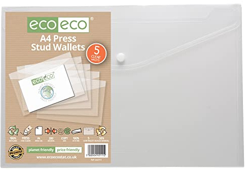 eco-eco A4 50% Recycled Clear Transparent Press Stud Popper Wallet, Plastic Folders 310x238mm (Pack of 5), 200mic, eco111