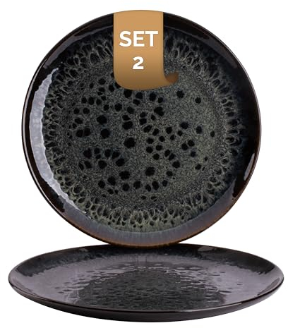 Palmer Eccentric flache Teller groß - 2er-Set, Steingut, Ø 28 cm, dunkelblau glänzend mit braunem Rand, organische Form, für Pizza, Menü oder als Servierteller, stapelbar, spülmaschinenfest