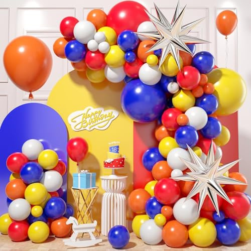 Red Yellow Blue Balloon Arch Kit, Colorful Balloon Garland with Red Blue Yellow Orange Latex Balloons, Silver Star Foil Balloons for Birthday Tropical Luau Fiesta Party Decorations