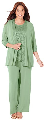Catherines Women's Plus Size Petite Lace Gala 3-Piece Pant Suit - 24 WP, Sage