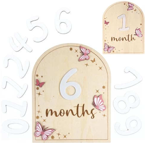 Baby Monthly Milestone Cards - Wooden Monthly Milestone Discs - Newborn Photography Props to Document Your Baby´s Growth - Baby Announcement Sign (Butterfly)