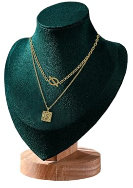 TINGSING Espositore per collane in velluto, busto per gioielli, manichino, collane, ciondoli, catenine, organizer con base in legno, espositore per gioielli, per casa, negozi, fiere, colore: verde
