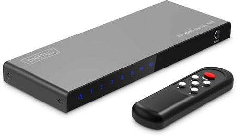 DIGITUS DS-55334 Conmutador HDMI 5x1-5 entradas 1 Salida - UHD 8K/60 Hz HDTV: 7680 × 4320p - HDCP 2.3 y HDMI 2.1 - HDR, CEC, Deep Colour, DTS, Dolby Digital, LPCM - para TV, Monitor, PS5, PS4, Xbox