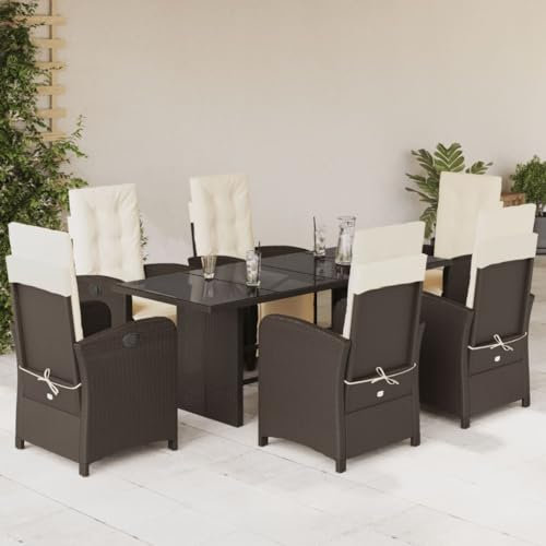 Keyroto Rattan trädgårdsmöbler set med 6 trädgårdsstolar hög rygg justerbar trädgård matsal grupp 6 personer sittgrupp utomhus polyrattan sittgrupp sittgrupp terrassmöbler utomhusbrun och kräm-7 delar