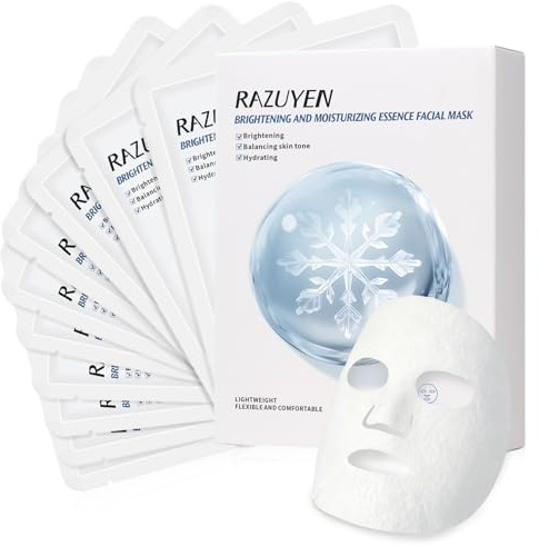 RAZUYEN Brightening Face Mask (10 Sheets), With Rosa Water, Niacinamide, Vitamin C and Hyaluronic Acid, Face Sheet Masks for Glowing, Soothing and Hydrating Skin, Added Fragrance Free