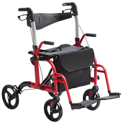 VEVOR Déambulateur roulant 2en1 pour personnes âgées, capacité 136 kg, rollator fauteuil de transport pliable et repose-pieds, déambulateur léger en aluminium avec poignée réglable, roues tout terrain