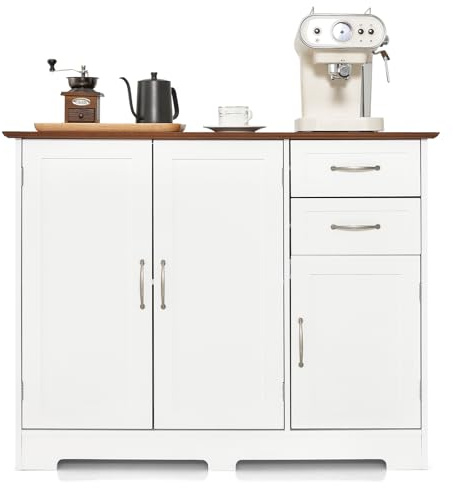 GiantexUK Buffet Sideboard, Wooden Storage Cabinet with Adjustable Shelf, 2 Drawers and 3 Doors, Freestanding Kitchen Cupboard for Living Room Dining Room Hallway (White + Brown, 110 x 40 x 78cm)