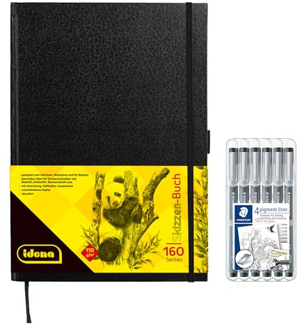 Idena 90345 – Cuaderno de bocetos DIN A4 con 160 páginas, en blanco, incluye 6 rotuladores Staedtler, punta revestida de metal en 6 anchos de línea