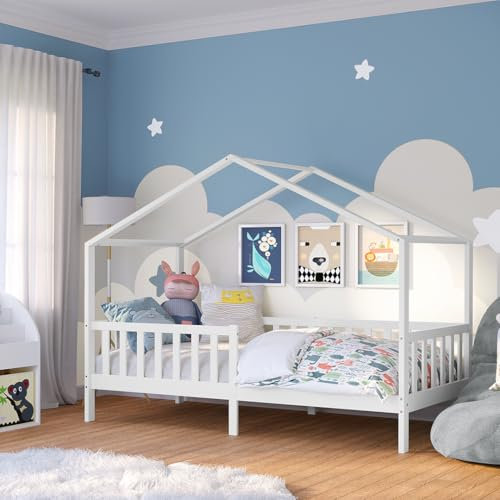 Bellabino Bia Kinderbett 90x200 cm – Hausbett mit Rausfallschutz & Lattenrost – Montessori Kinder Bett aus Massivholz Kiefer – Kinderhausbett für Jungen und Mädchen in Weiß