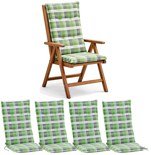 BURI Juego de 4 cojines de respaldo alto para sillas de jardín, 120 x 48 x 7 cm, resistentes a los rayos UV, resistentes a la luz, cojines para sillas de jardín con estampado de cuadros con relleno de