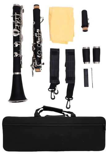 Fockety Clarinetto BB, 17 Chiavi G Clarinetto con Chiavi Placcate in Argento, Clarinetti Piatti B Flat con Custodia Rigida, Panno per la Pulizia, Canne e Sughero per Principianti