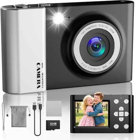 CHAKEYAKE Digitalkamera, 4K 64MP Vlogging Fotokamera mit 32GB Karte, 2,4 LCD Bildschirm, 18X Digitalzoom, Autofokus, Anti-Shake, Tragbar Kompaktkamera für Kinder Teenager Einsteiger, Schwarz