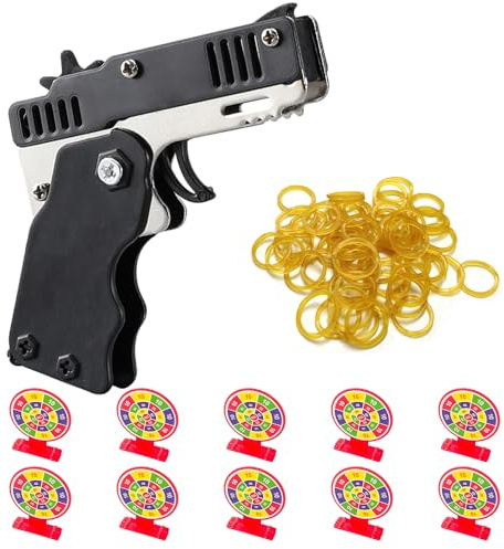 DUINIU 1 Mini Pistola De Goma Metálica, Que Incluye 60 Gomas Blandas, 10 Blancos De Tiro De Plástico, Pistolas De Goma Portátiles Y Juguetes De Catapulta con Llavero (Negro).