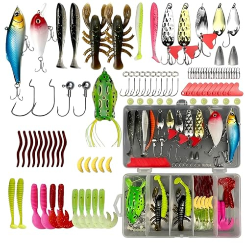 107 fishing lures set, comprehensive fishing tackle accessories kit, multi-water fishing gear for freshwater and saltwater anglers, fully loaded fishing bait collection with organised storage box