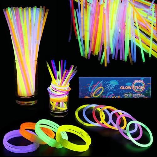WedDecor 8 Pouce Brille Bâtons Fête Paquets Bracelets Colliers Lumière Fluo Fluorescent 50 Pièces Brille dans Le Noir Amusant Fête Accessoire - Multicolore, 50pcs