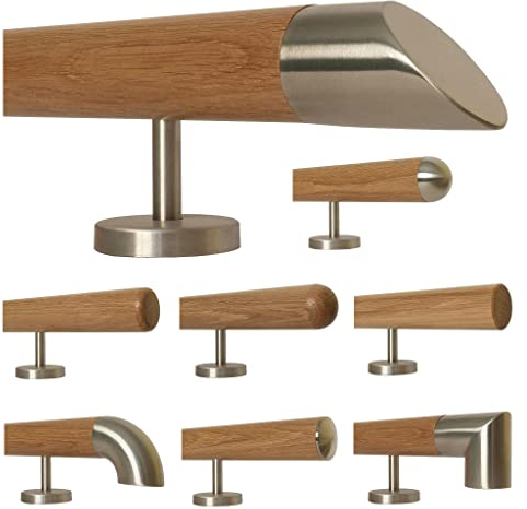 TIBU Eiche Holz Handlauf Geländer 0,3m - 6m, Länge 30 cm, schräges Edelstahlendstück und 2 gerade Halter