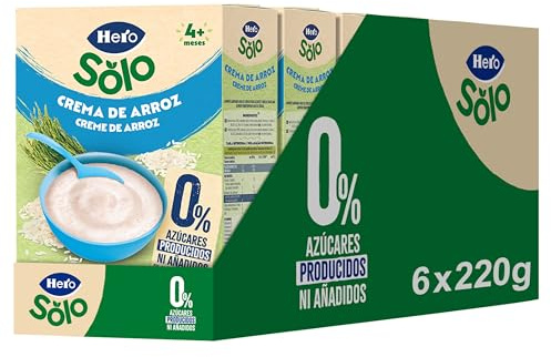 Hero Solo Papilla Crema de Arroz, Sin Gluten, Rica en Fibras y Vitaminas, Sabor Natural para Bebés, a partir de 4 meses, Pack x 6 units x 220 g