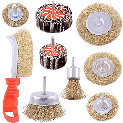Keadic 9Pcs Alloy Steel Wire Wheel Brush Set with 80 Grit Abrasive Flap Wheel for Rust Removal, Stripping and Abrasive