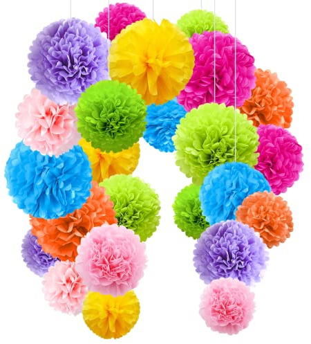 O-Kinee Bunt Pompoms deko, 24er Bunt Deko Seidenpapier Pompons für Geburtstag, Hochzeit, Baby Dusche, Parteien, Partei Dekoration mehrfarbige