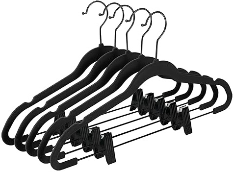 MIZGI Premium All Black Velvet Pants Hangers with Adjustable Clips (Pack of 20) Slim Skirt Hangers- Non Slip Felt Outfit Dress Hangers- Black Hooks,Space Saving Shirt Clothes Hangers