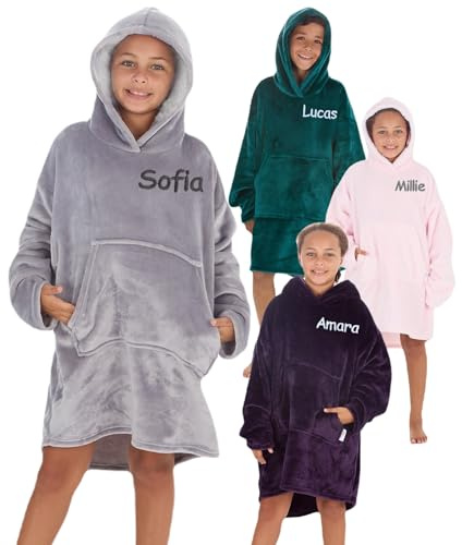 Personalised Kids Oversized Hoodie Blanket Soft Fleece Wearable Hoody Childrens Snuggle Cosy Hooded Blanket for Girls Boys Age 7-13 Years (Grey 7-13 Years)