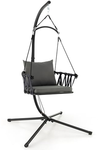 COSTWAY Hammock Swing Chair with Stand and Cushion, Metal Frame Hanging Chair with Woven Backrest, Indoor Outdoor Swing Seat for Garden Patio Yard Living Room