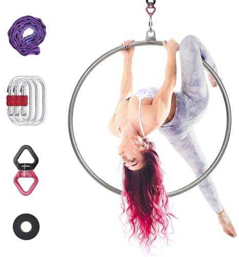 PRIORMAN Lyra Hoop Aerial Hoop Set mit Aufhängung Hardware Single Edelstahl Hoop Circus Hoop Great for Dancing Studio, Aerial Fitness (DE-Silver-95#25)
